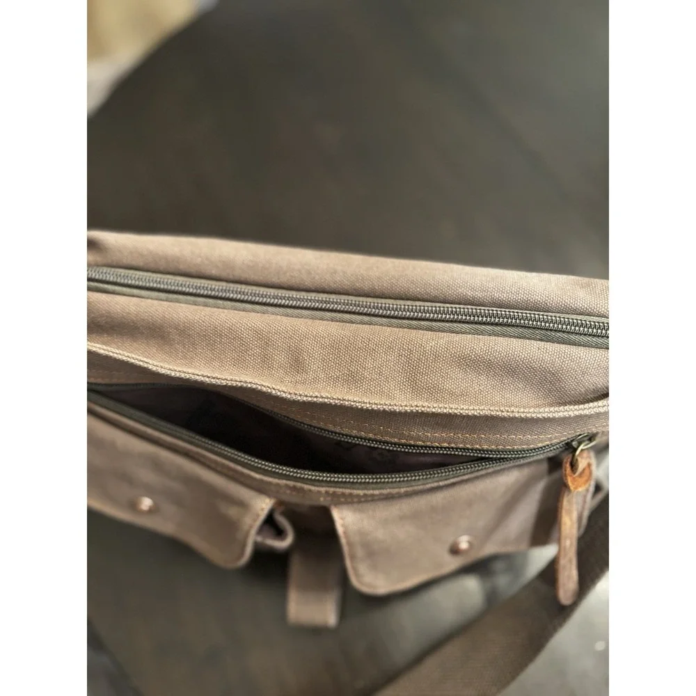 Augur Canvas Messenger Bag Adjustable Strap Pockets Brown Durable Rugged